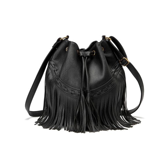 Handbags - 6916 Leather Bucket Bags Crossbody Fringe Purses with Drawstring Tassel